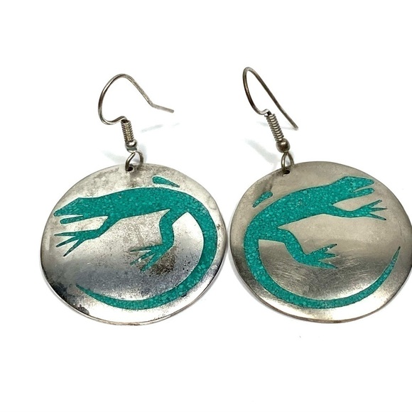 Alpaca Mexico Earrings Dangles Artisan Vintage Lizard Inlaid Turquoise - Picture 2 of 11